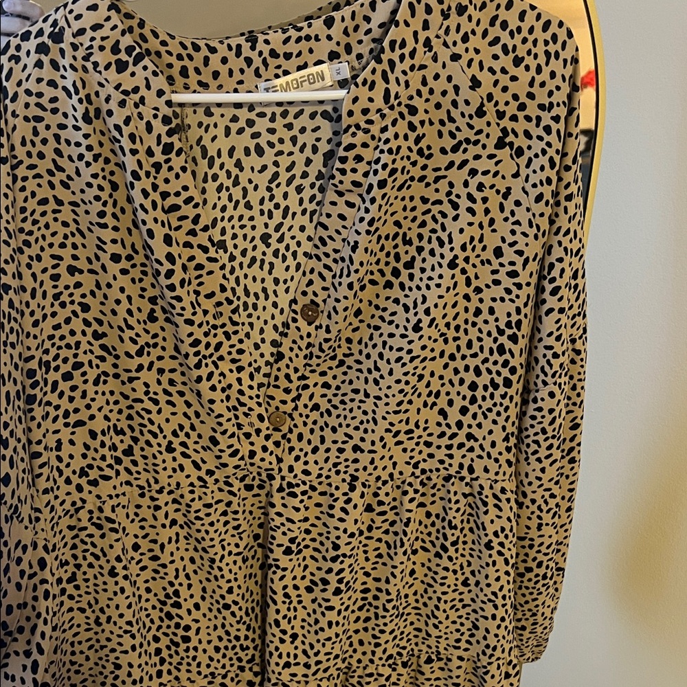 Printed Beige V-Neck Button Front Blouse